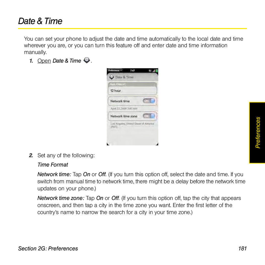 Palm manual Open Date & Time, Preferences 181 