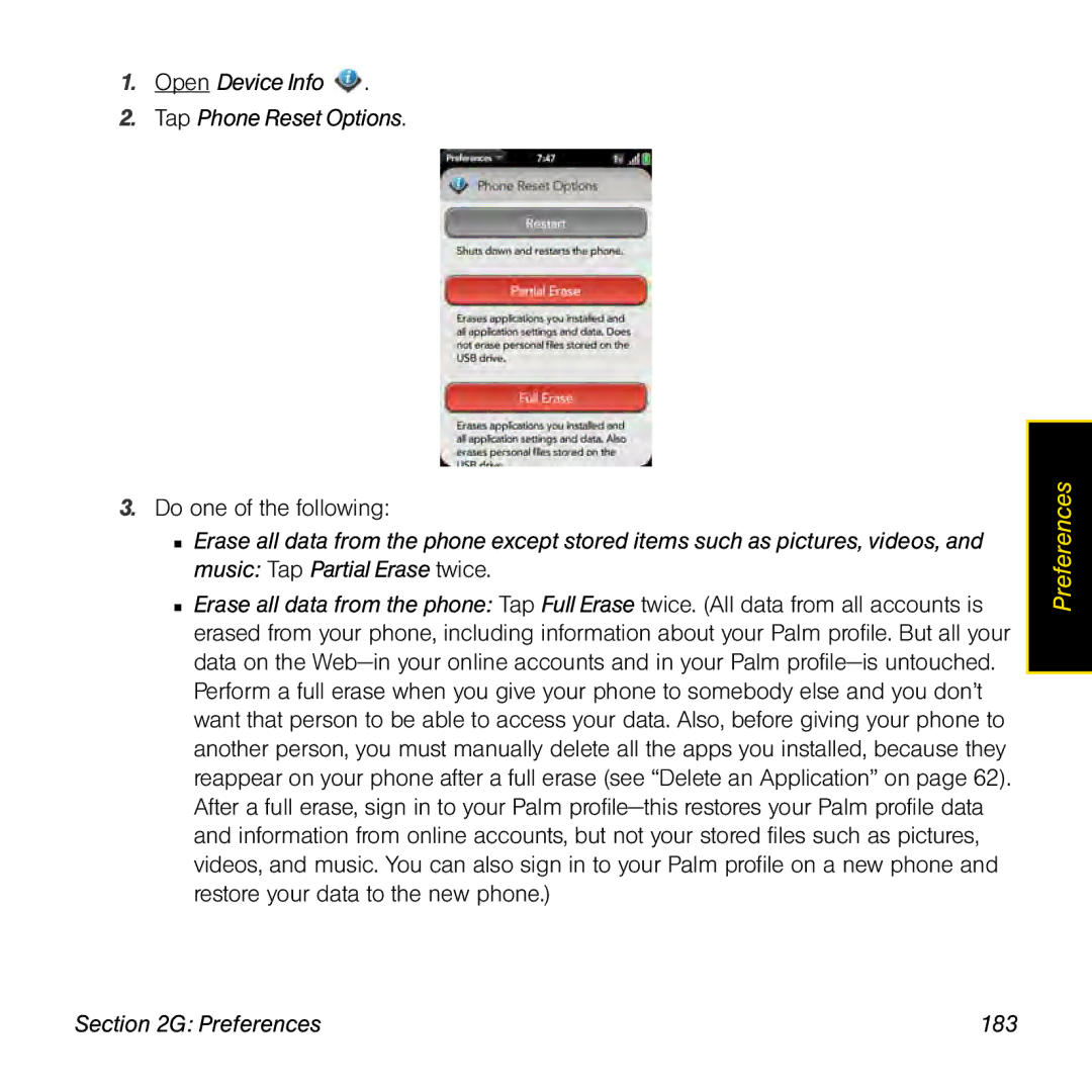 Palm manual Open Device Info Tap Phone Reset Options, Preferences 183 