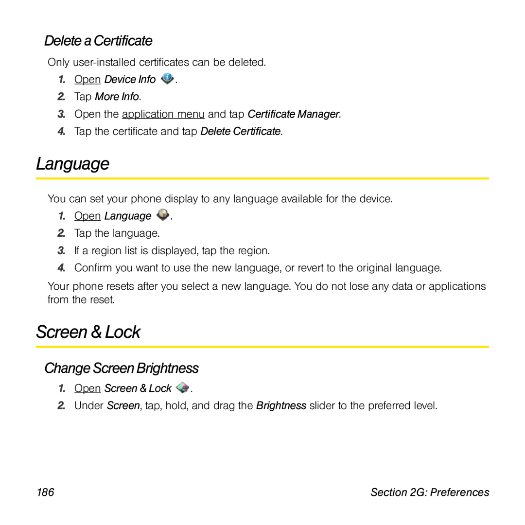 Palm Pre manual Language, Screen & Lock, Delete a Certificate, Change ScreenBrightness 