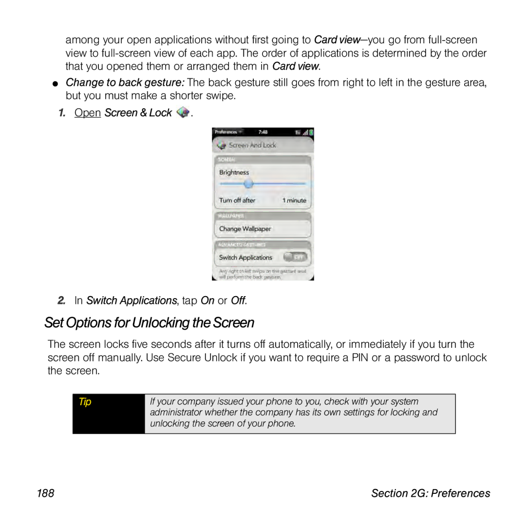 Palm Pre manual Set Options for Unlocking the Screen, Open Screen & Lock Switch Applications, tap On or Off, 188 