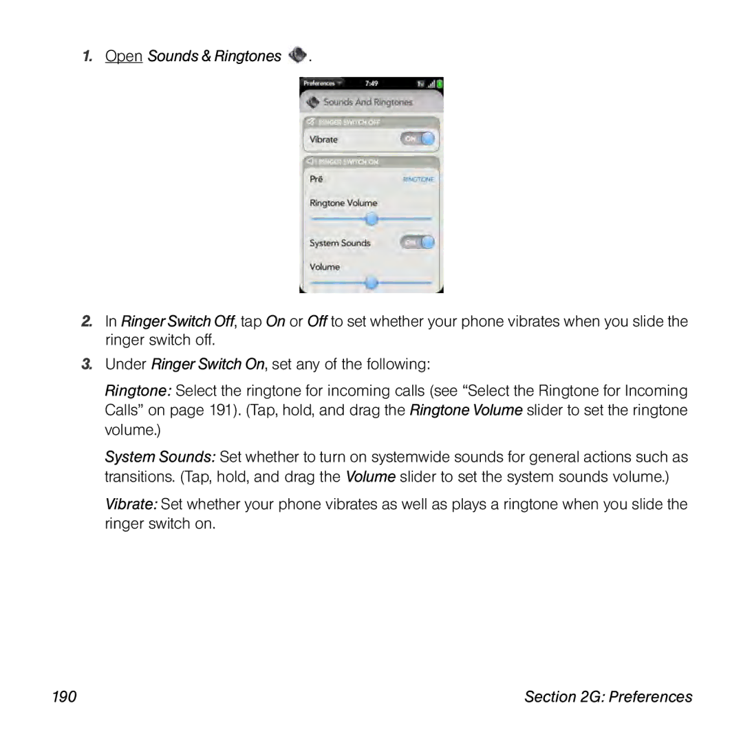 Palm Pre manual Open Sounds & Ringtones, 190 