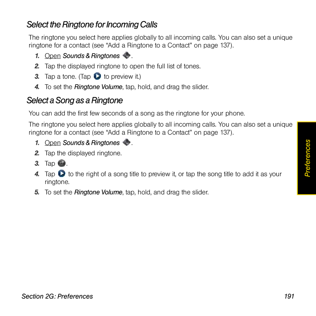 Palm manual Select the Ringtonefor Incoming Calls, Select a Song as aRingtone, Preferences 191 