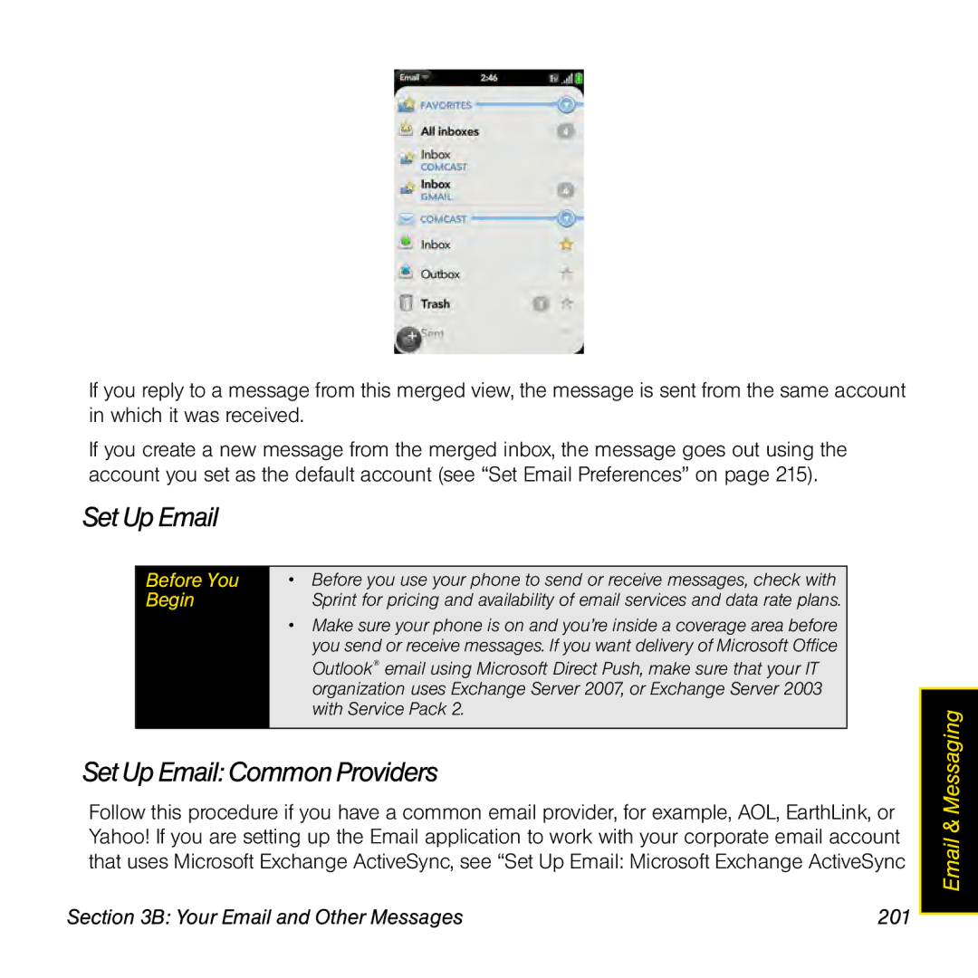 Palm Pre manual Set UpEmail, Set Up Email Common Providers, Your Email and Other Messages 201 