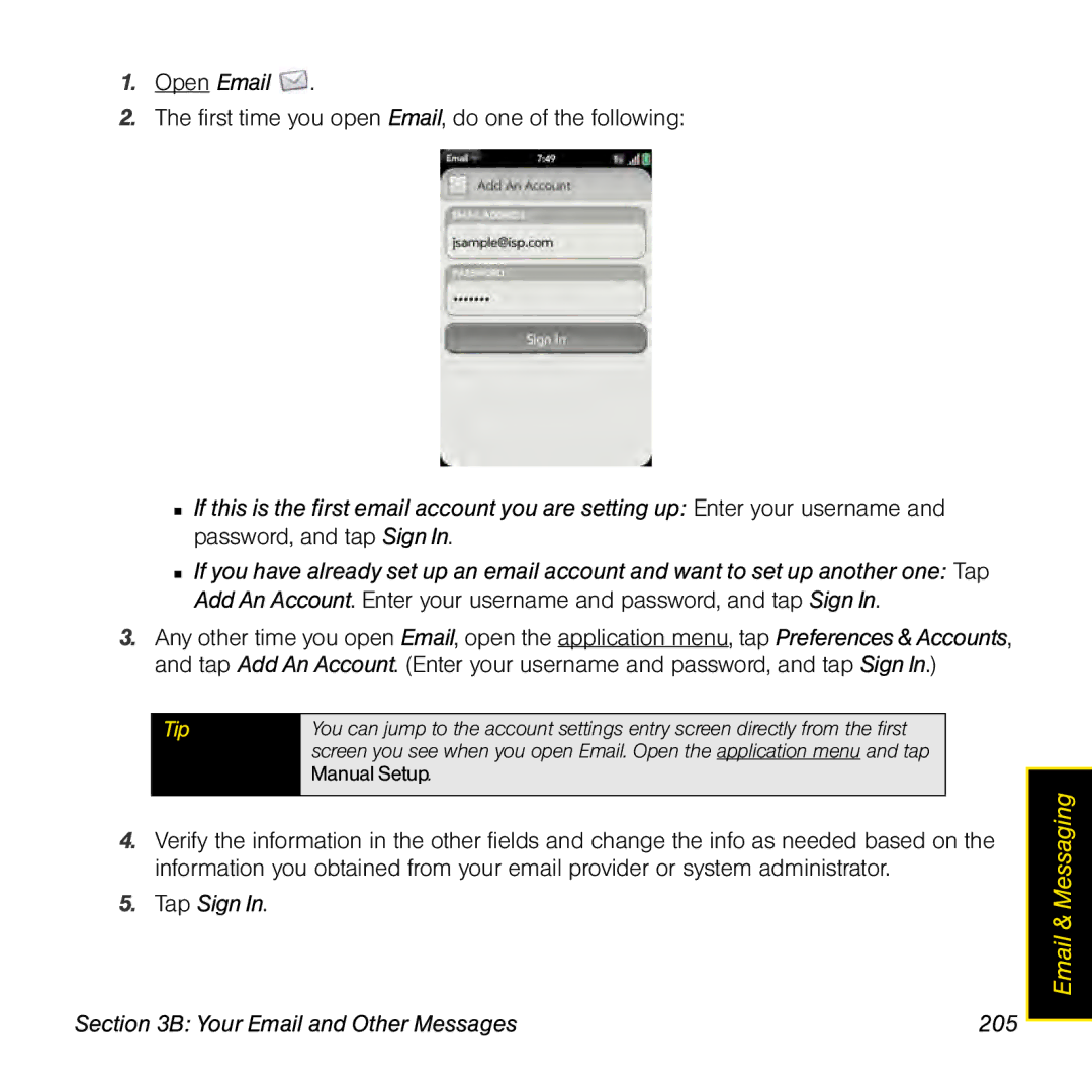 Palm Pre manual Tap Sign Your Email and Other Messages 205 