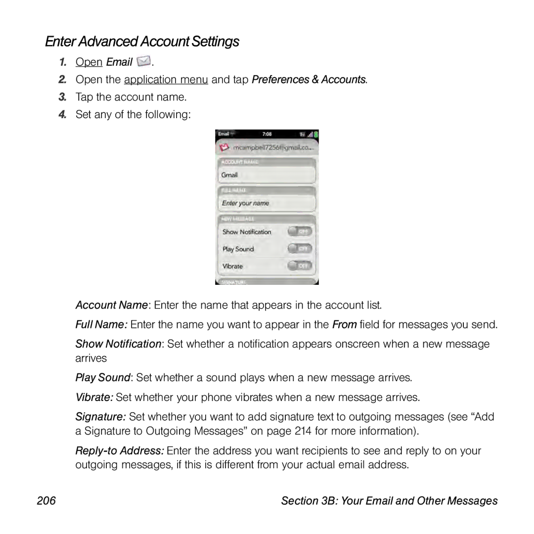 Palm Pre manual Enter Advanced Account Settings, 206 