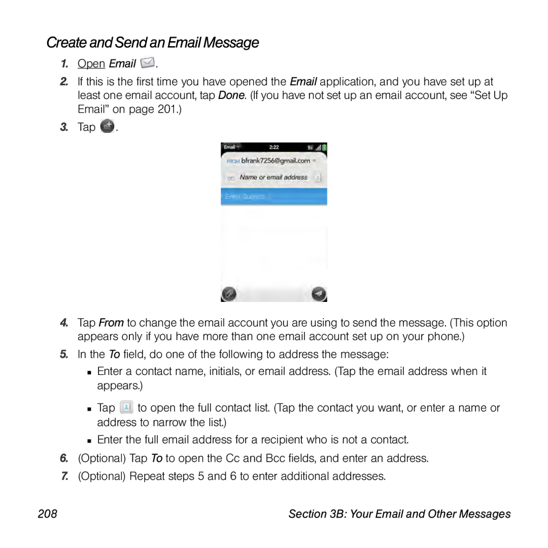 Palm Pre manual Createand Send anEmail Message, 208 
