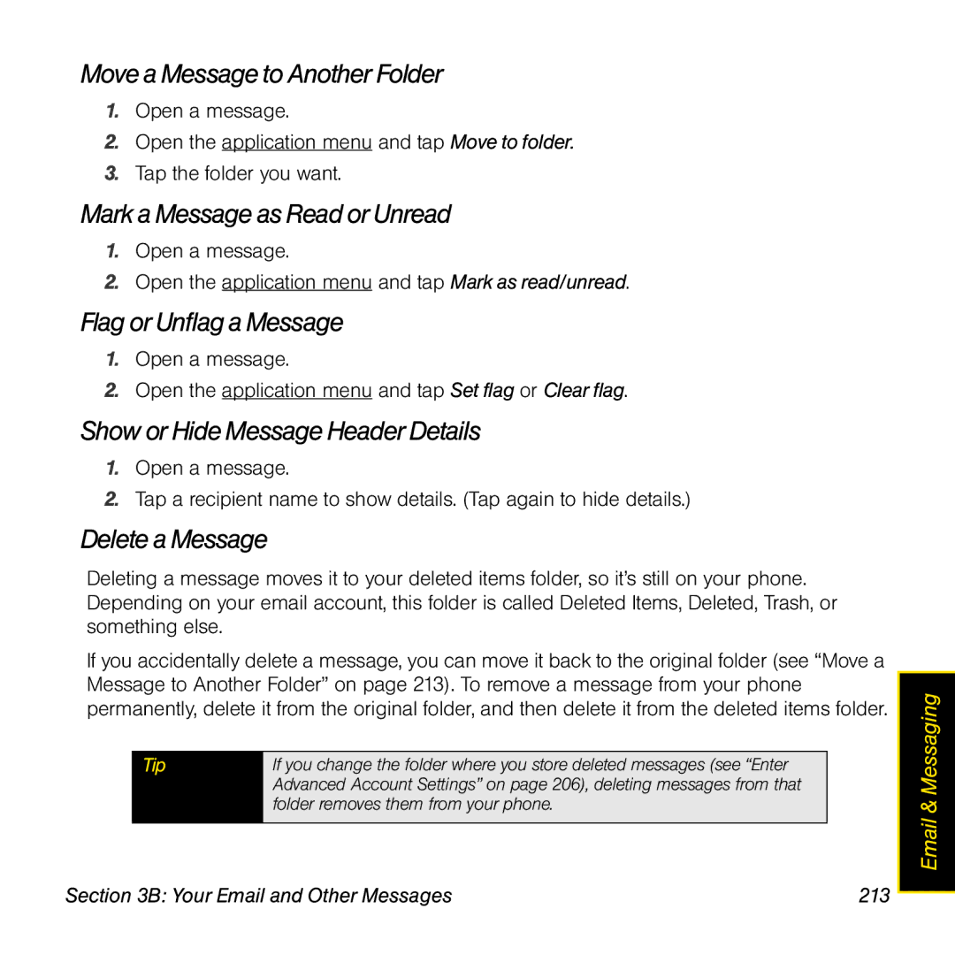 Palm Pre manual Movea Message to Another Folder, Mark aMessage as Read or Unread, Flagor Unflag a Message, Delete a Message 