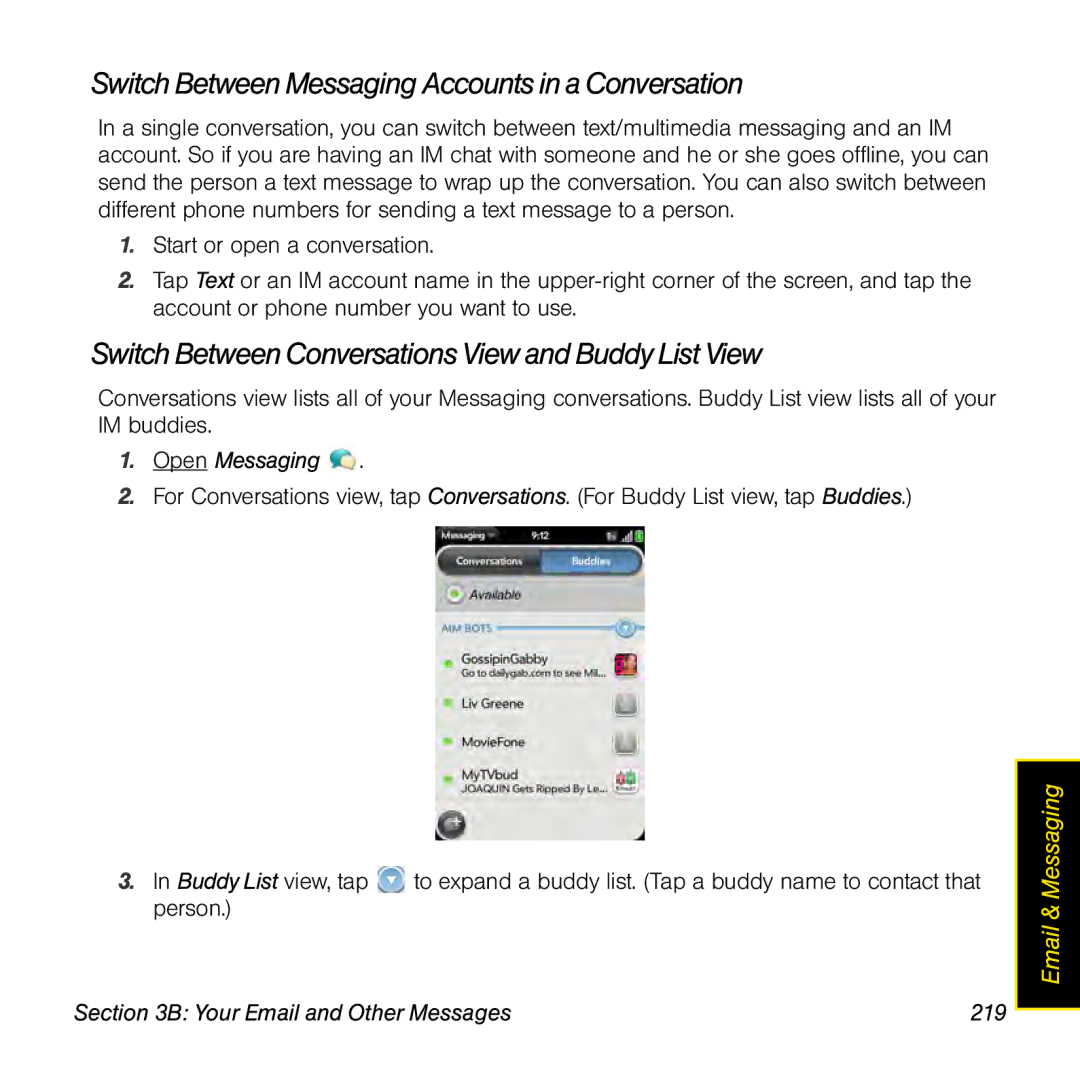 Palm Pre manual SwitchBetweenMessaging Accounts ina Conversation, Switch Between Conversations View and Buddy List View 