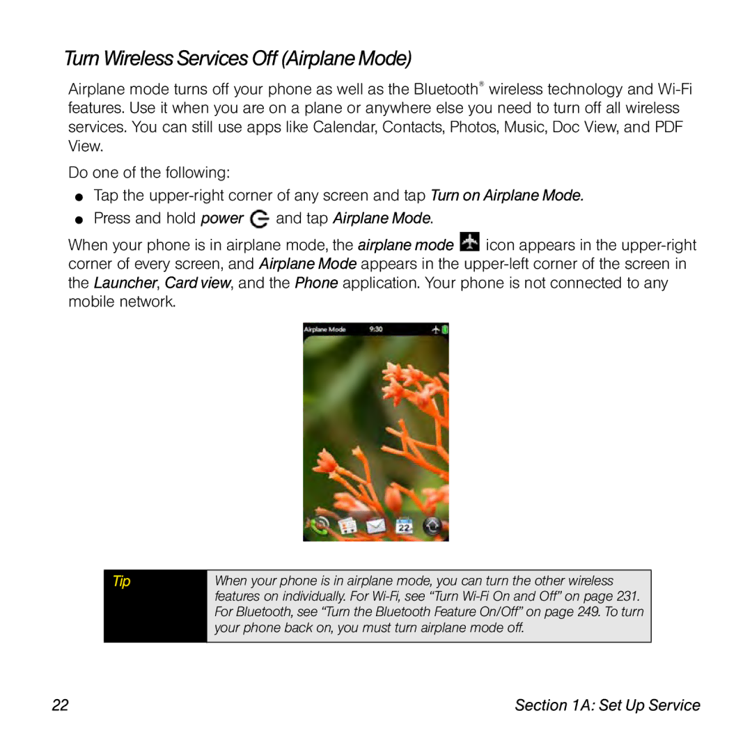 Palm Pre manual Turn Wireless Services Off Airplane Mode 