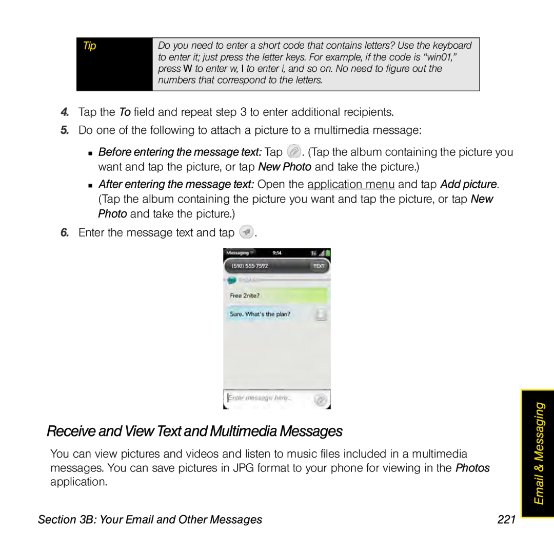 Palm Pre manual Receive and View Textand Multimedia Messages, Your Email and Other Messages 221 