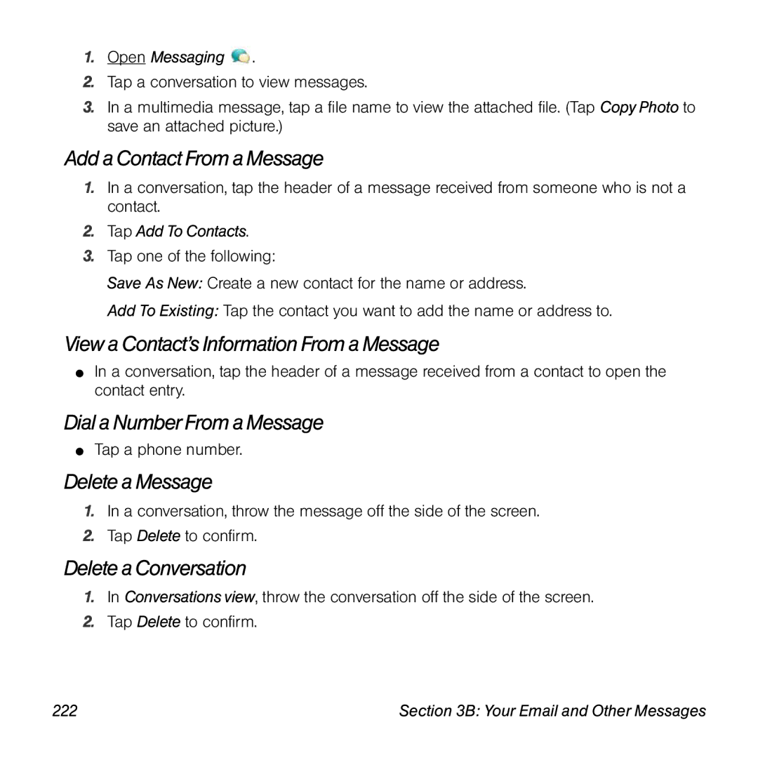 Palm Pre manual Add a ContactFroma Message, View a Contact’sInformation From aMessage, Dial a NumberFroma Message, 222 