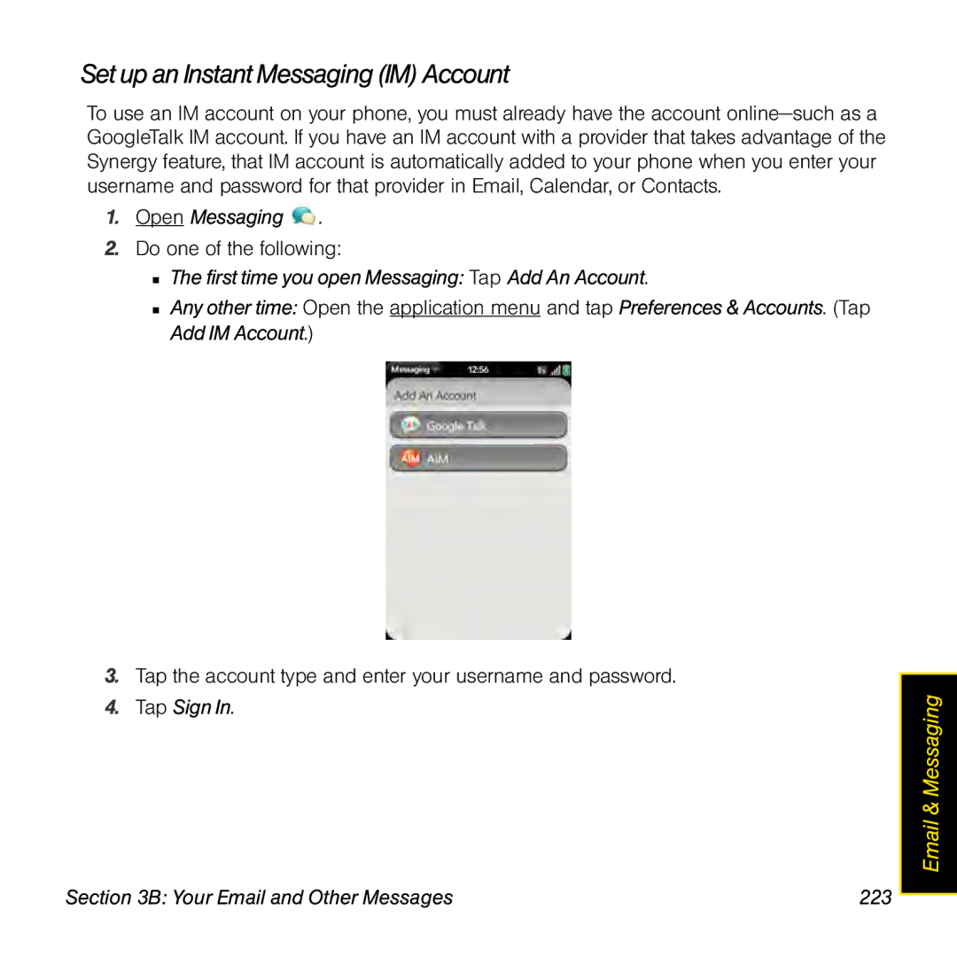 Palm Pre manual Set upan Instant Messaging IM Account, Tap Sign Your Email and Other Messages 223 