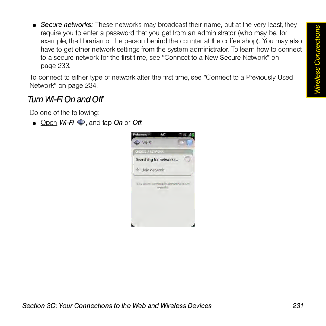 Palm Pre manual Turn Wi-FiOn andOff, Your Connections to the Web and Wireless Devices 231 