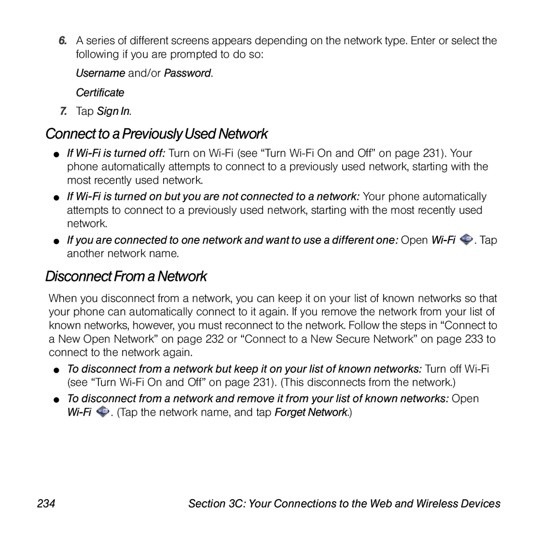 Palm Connect to a Previously Used Network, Disconnect From a Network, Username and/or Password. Certificate Tap Sign 