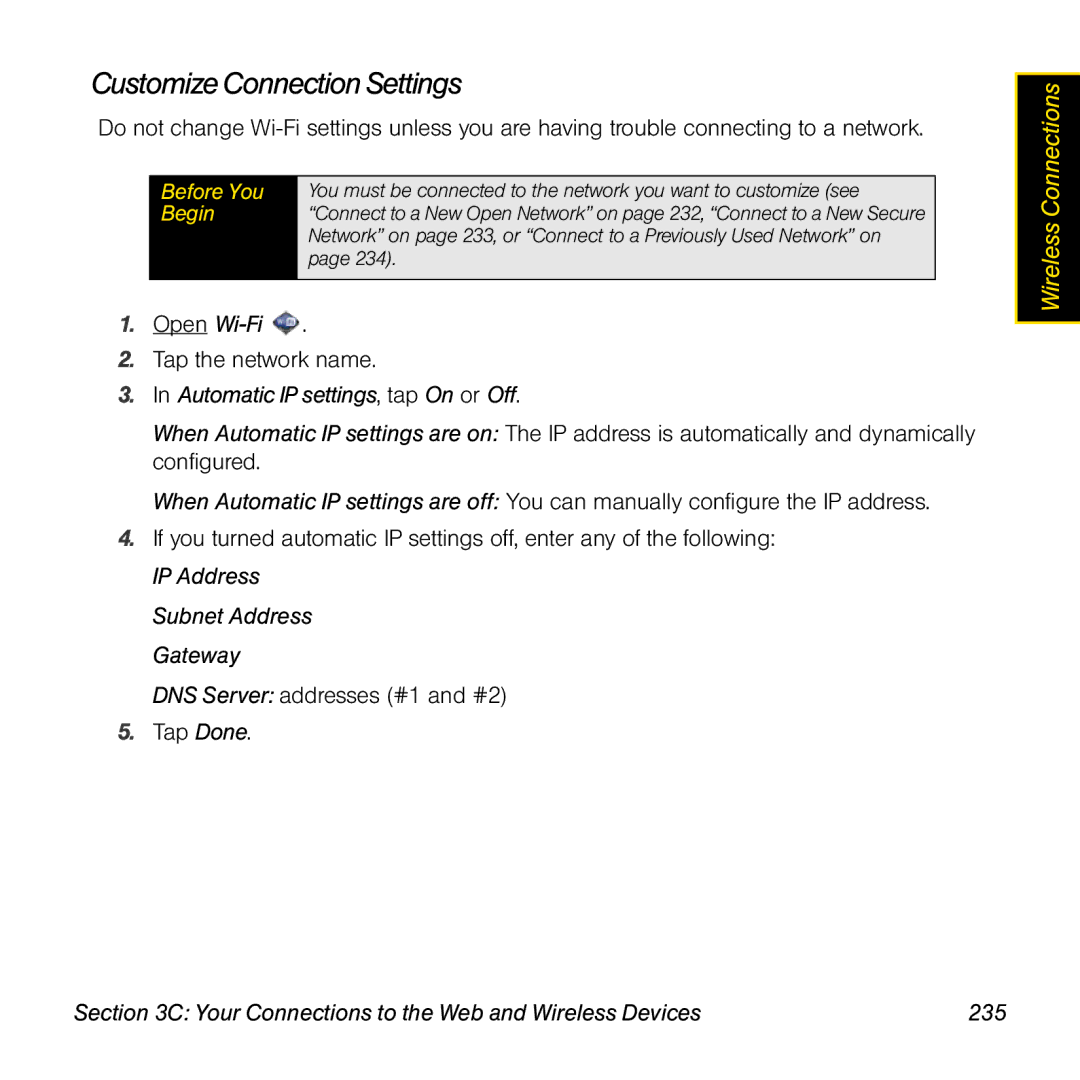 Palm Pre manual Customize Connection Settings, Automatic IP settings, tap On or Off, Subnet Address Gateway 