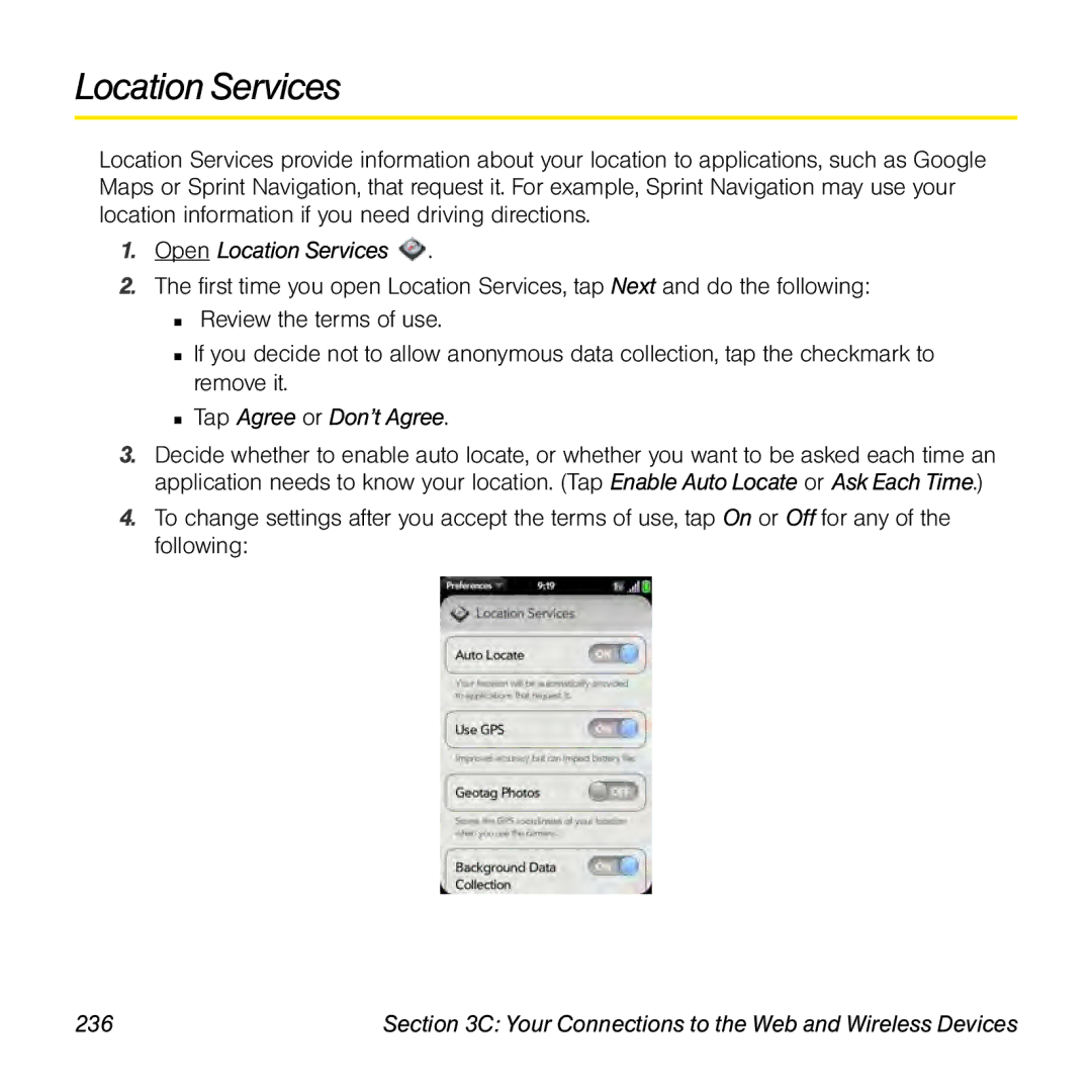 Palm Pre manual Open Location Services, Tap Agree or Don’t Agree, 236 