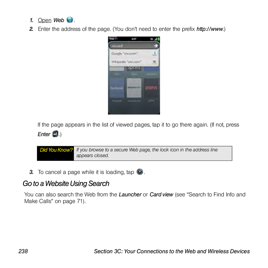 Palm Pre manual Go to aWebsite Using Search, Open Web, Enter, 238 