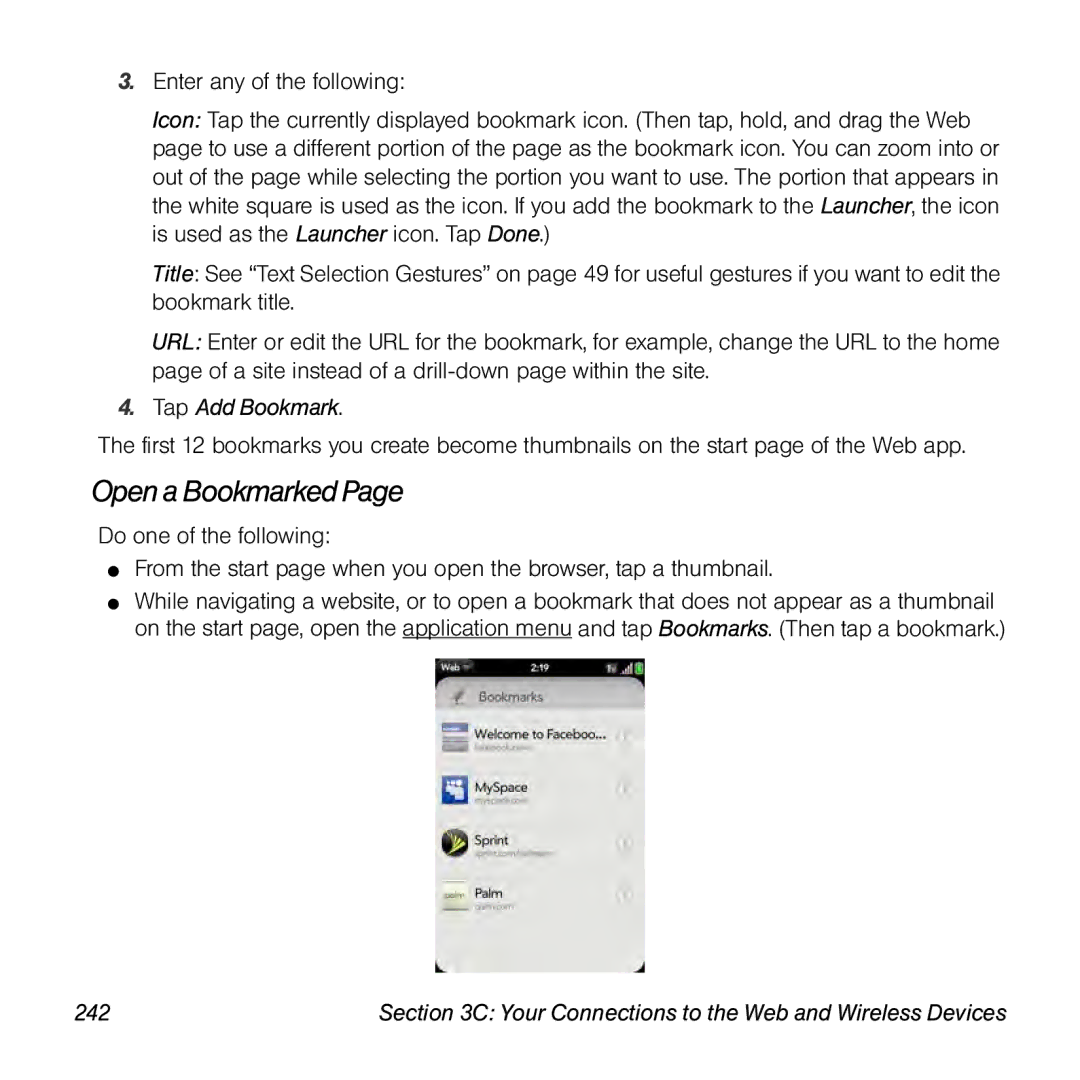 Palm Pre manual Opena Bookmarked, Tap Add Bookmark, 242 