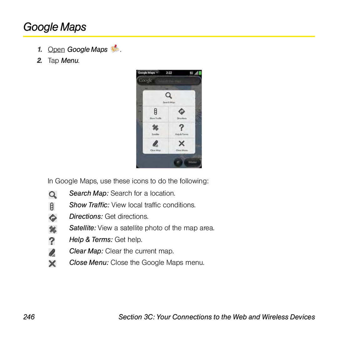 Palm Pre manual Open Google Maps, Help & Terms Get help, 246 