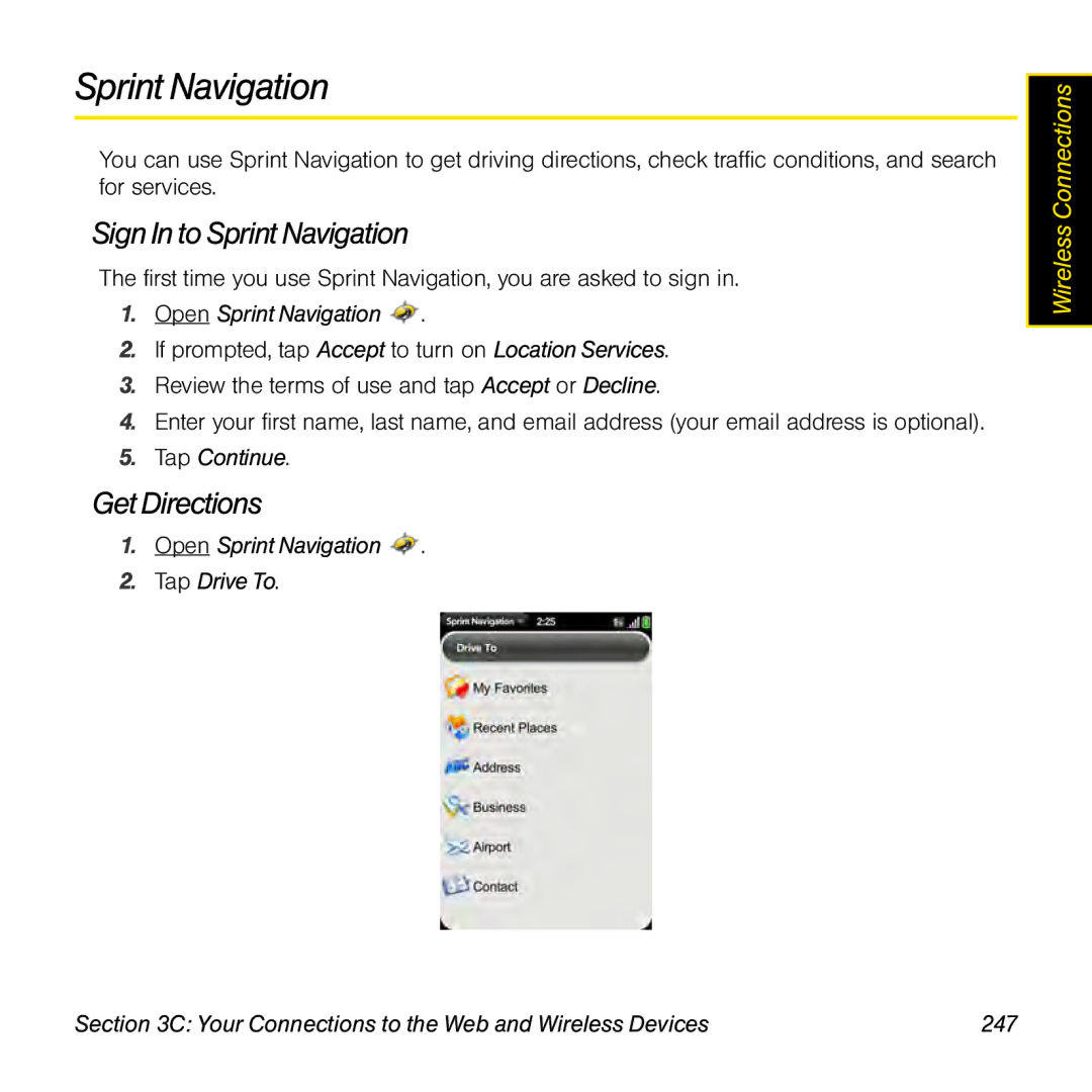 Palm Pre manual SignIn to Sprint Navigation, Get Directions 