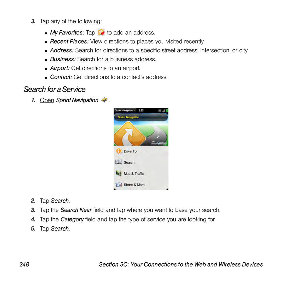 Palm Pre manual Search for aService, Open Sprint Navigation Tap Search, Tap Search 248 