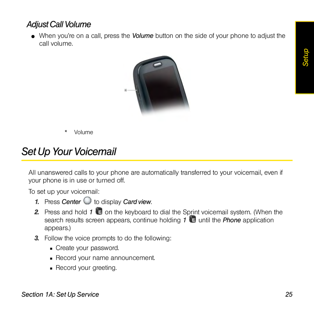 Palm Pre manual Set Up Your Voicemail, Adjust Call Volume 