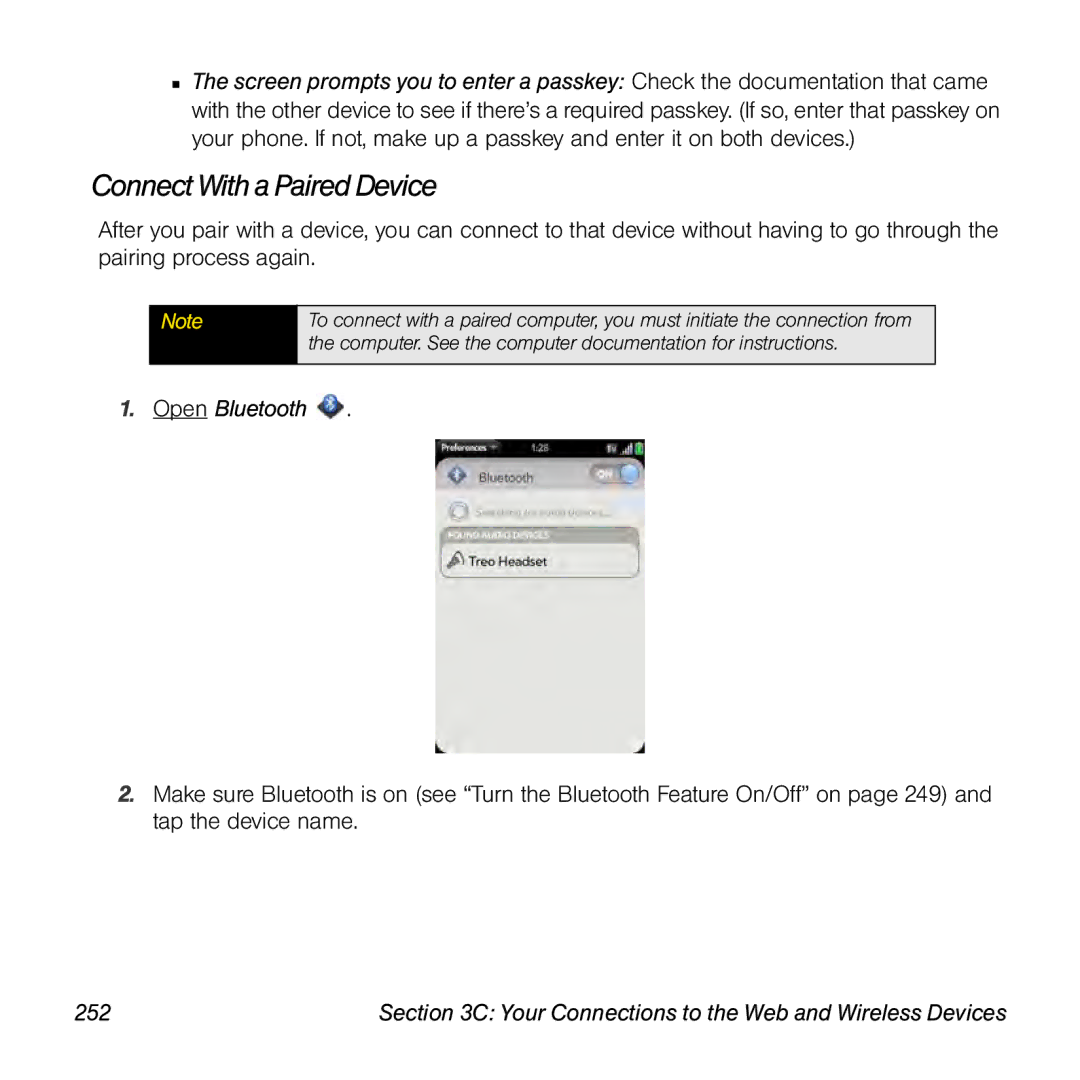 Palm Pre manual ConnectWith a Paired Device, 252 
