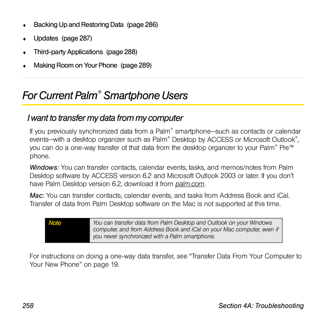 Palm Pre manual For Current Palm Smartphone Users, Want to transfer my data from my computer, 258 