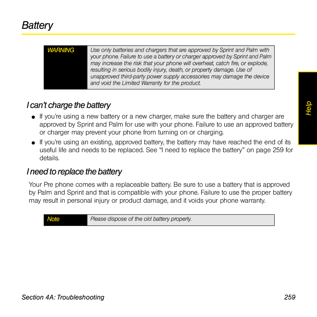 Palm Pre manual Battery, Can’t charge the battery, Need to replace the battery, Troubleshooting 259 