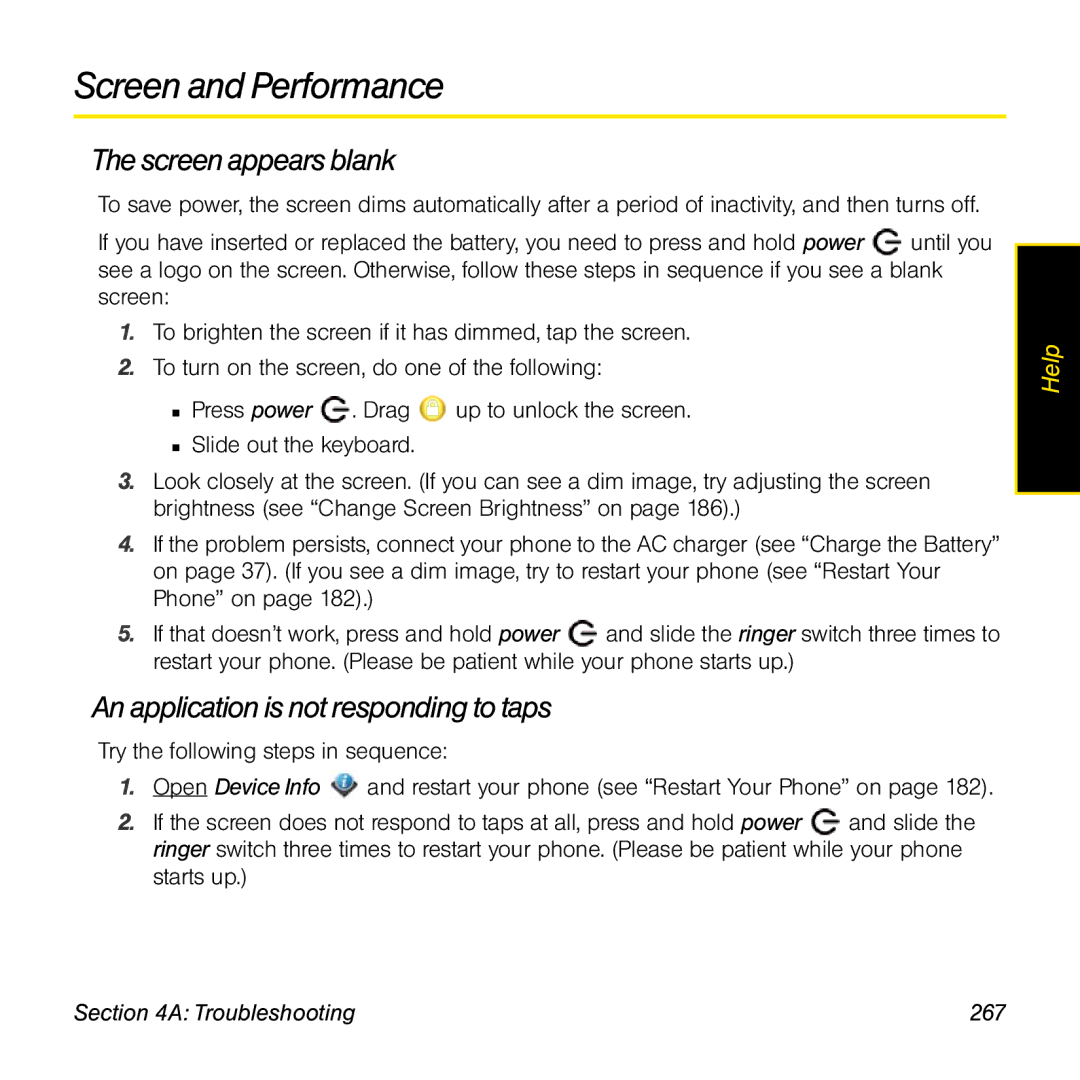 Palm Pre manual Screen and Performance, Screenappears blank, An applicationis not responding to taps, Troubleshooting 267 