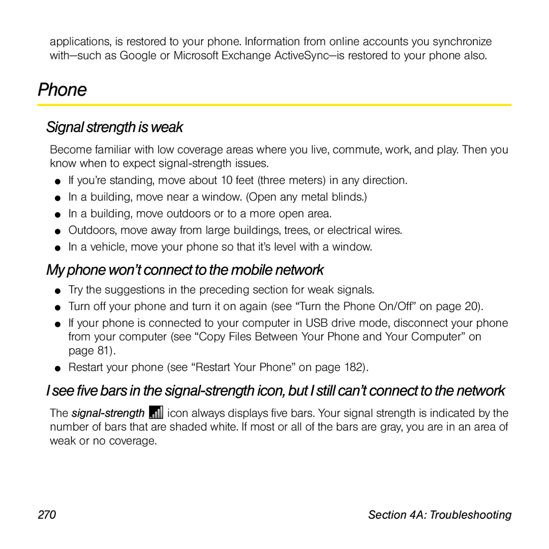 Palm Pre manual Phone, Signal strengthis weak, My phonewon’t connectto the mobile network, 270 