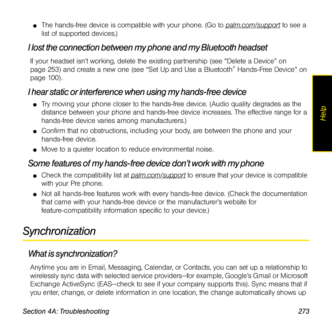 Palm Pre manual Synchronization, Hear static or interferencewhen using myhands-freedevice, What is synchronization? 