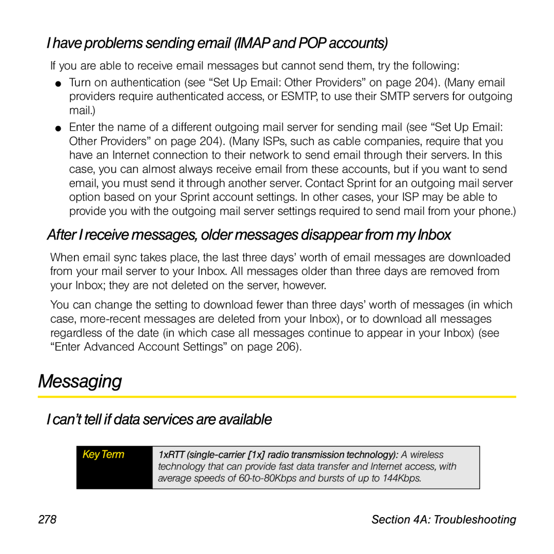 Palm Pre manual Haveproblemssending email Imap and POP accounts, Can’t tell ifdata services are available, 278 