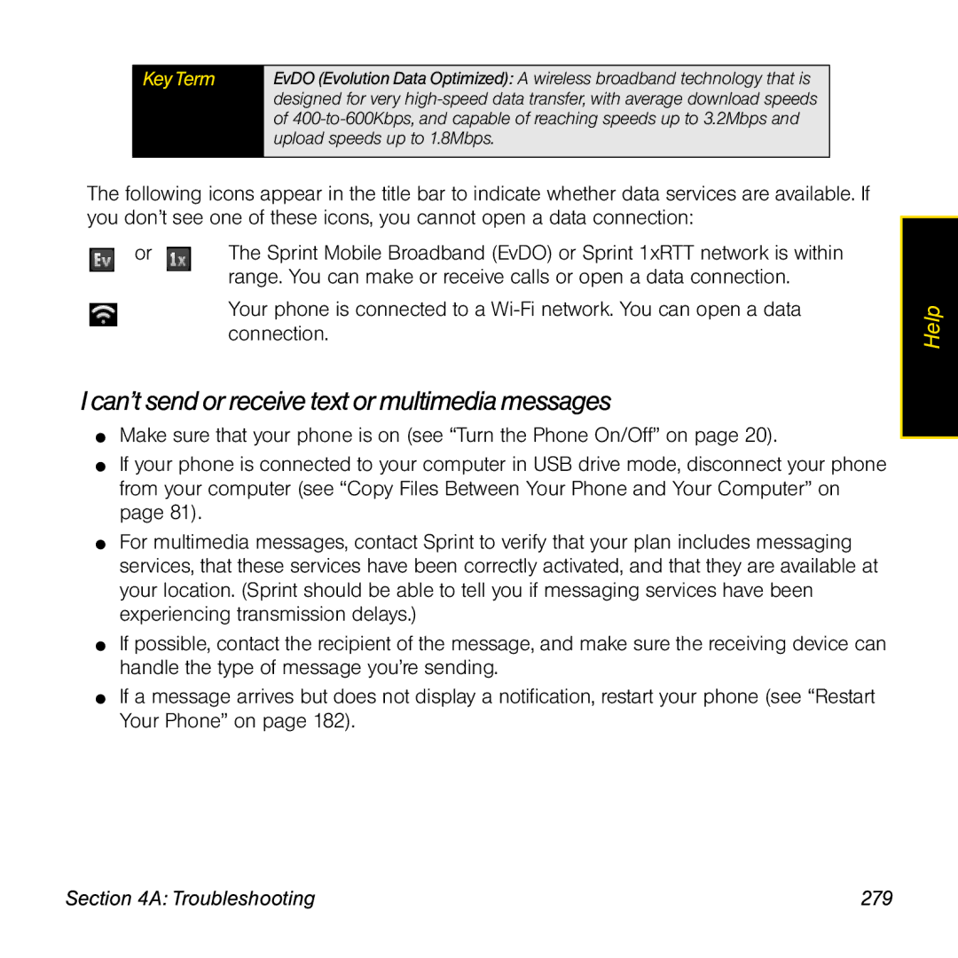 Palm Pre manual Can’t send or receive text or multimedia messages, Troubleshooting 279 