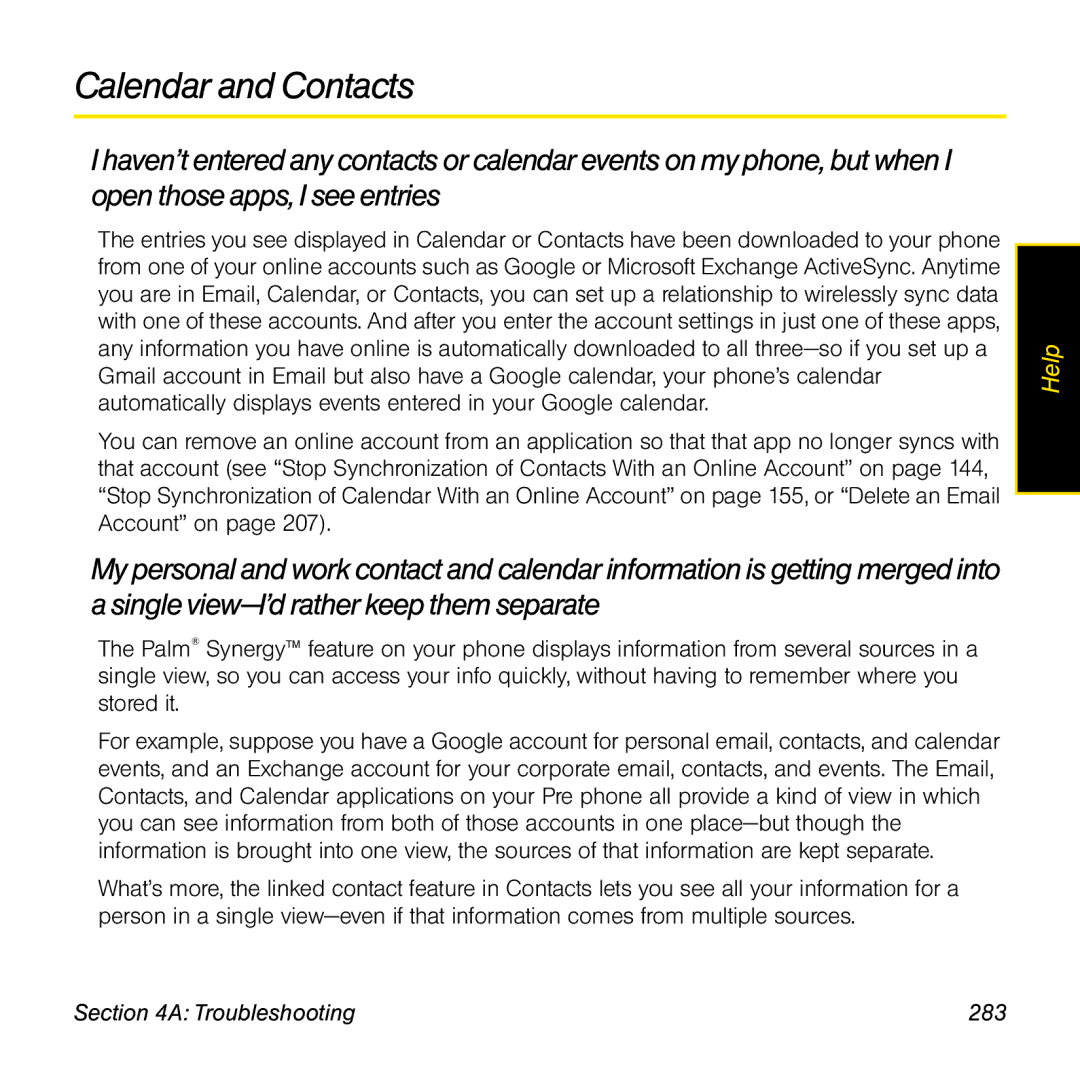 Palm Pre manual Calendar and Contacts, Troubleshooting 283 