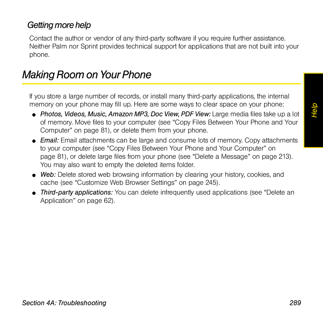 Palm Pre manual Making Room on Your Phone, Getting more help, Troubleshooting 289 