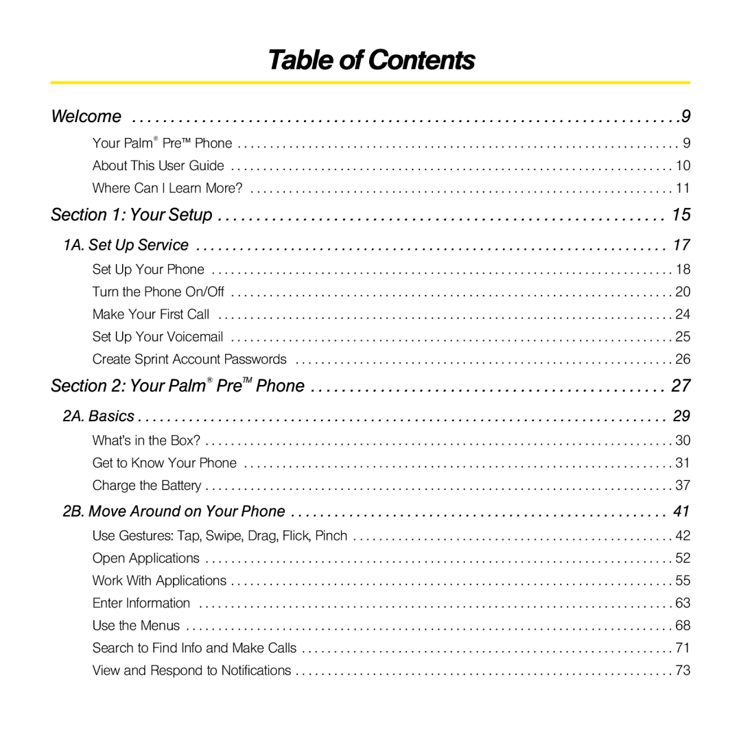 Palm Pre manual Table of Contents 