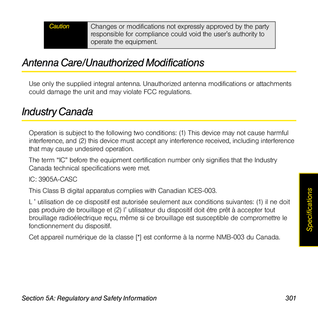 Palm Pre manual Antenna Care/Unauthorized Modifications, Industry Canada, Regulatory and Safety Information 301 