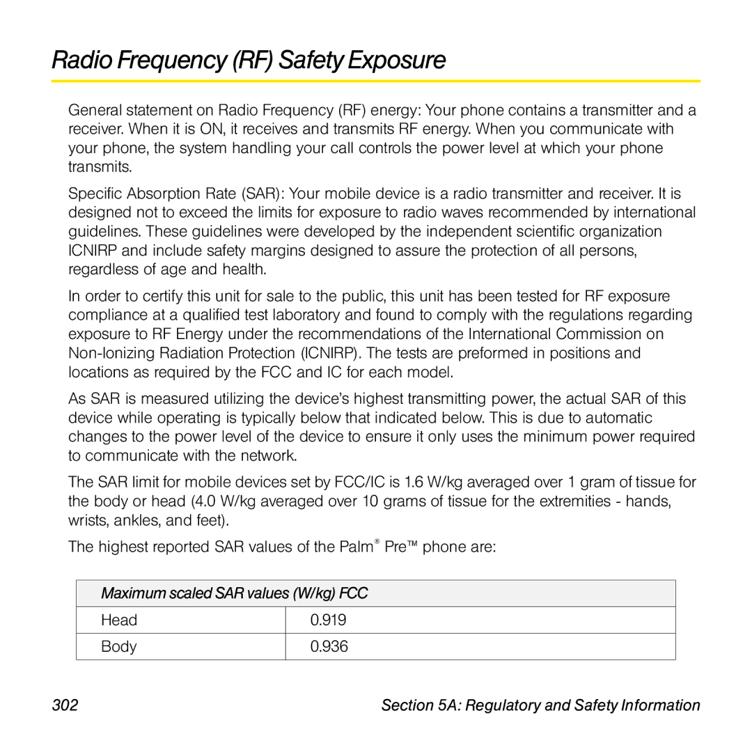 Palm Pre manual Radio Frequency RF Safety Exposure, Maximum scaled SAR values W/kg FCC, Regulatory and Safety Information 