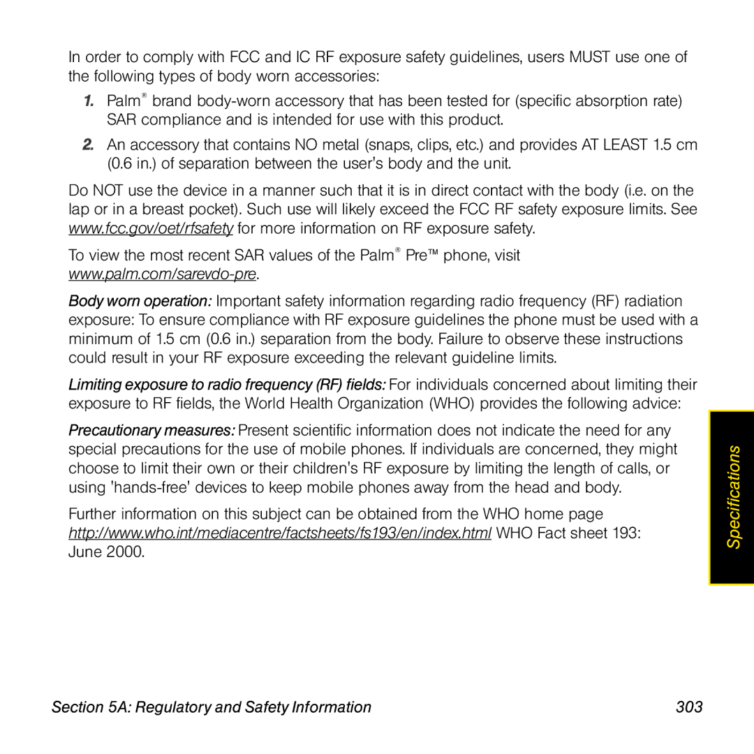 Palm Pre manual Regulatory and Safety Information 303 