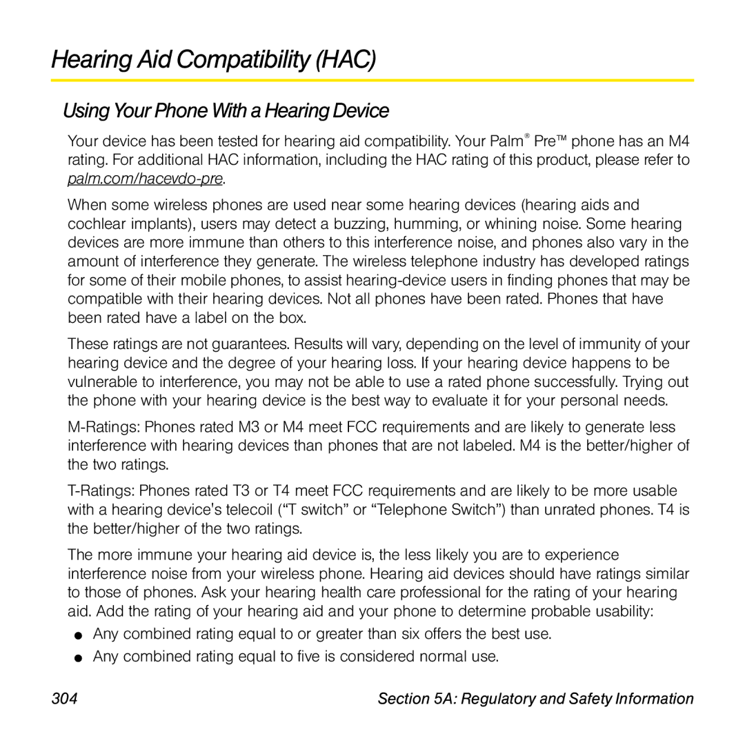 Palm Pre manual Hearing Aid Compatibility HAC, Using Your Phone With aHearing Device, Regulatory and Safety Information 