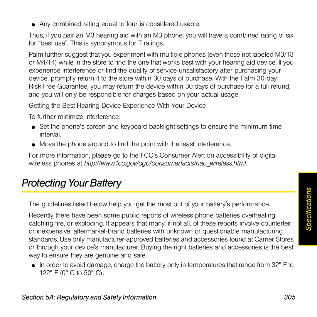 Palm Pre manual Protecting Your Battery, Regulatory and Safety Information 305 