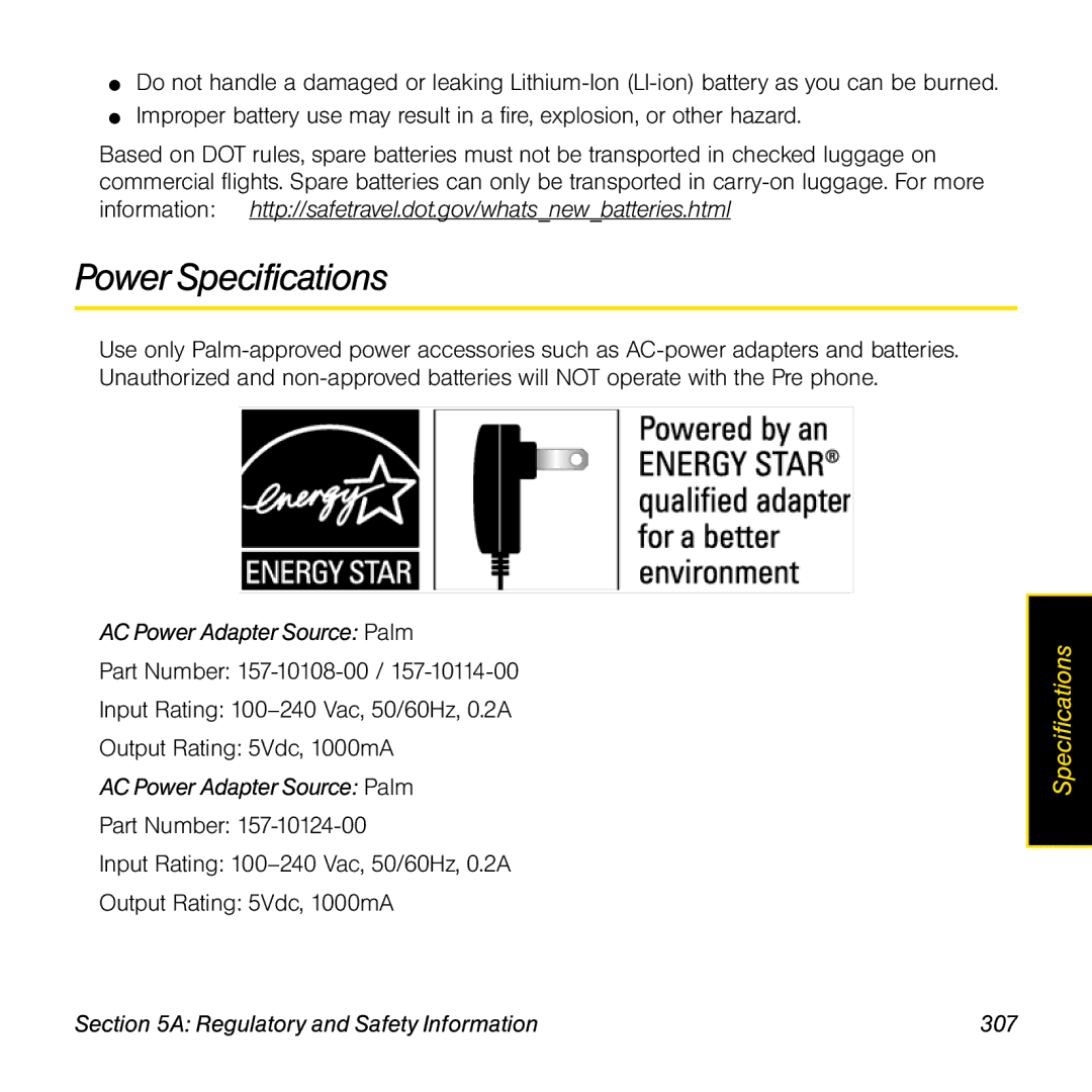 Palm Pre manual Power Specifications, AC Power Adapter Source Palm, Regulatory and Safety Information 307 