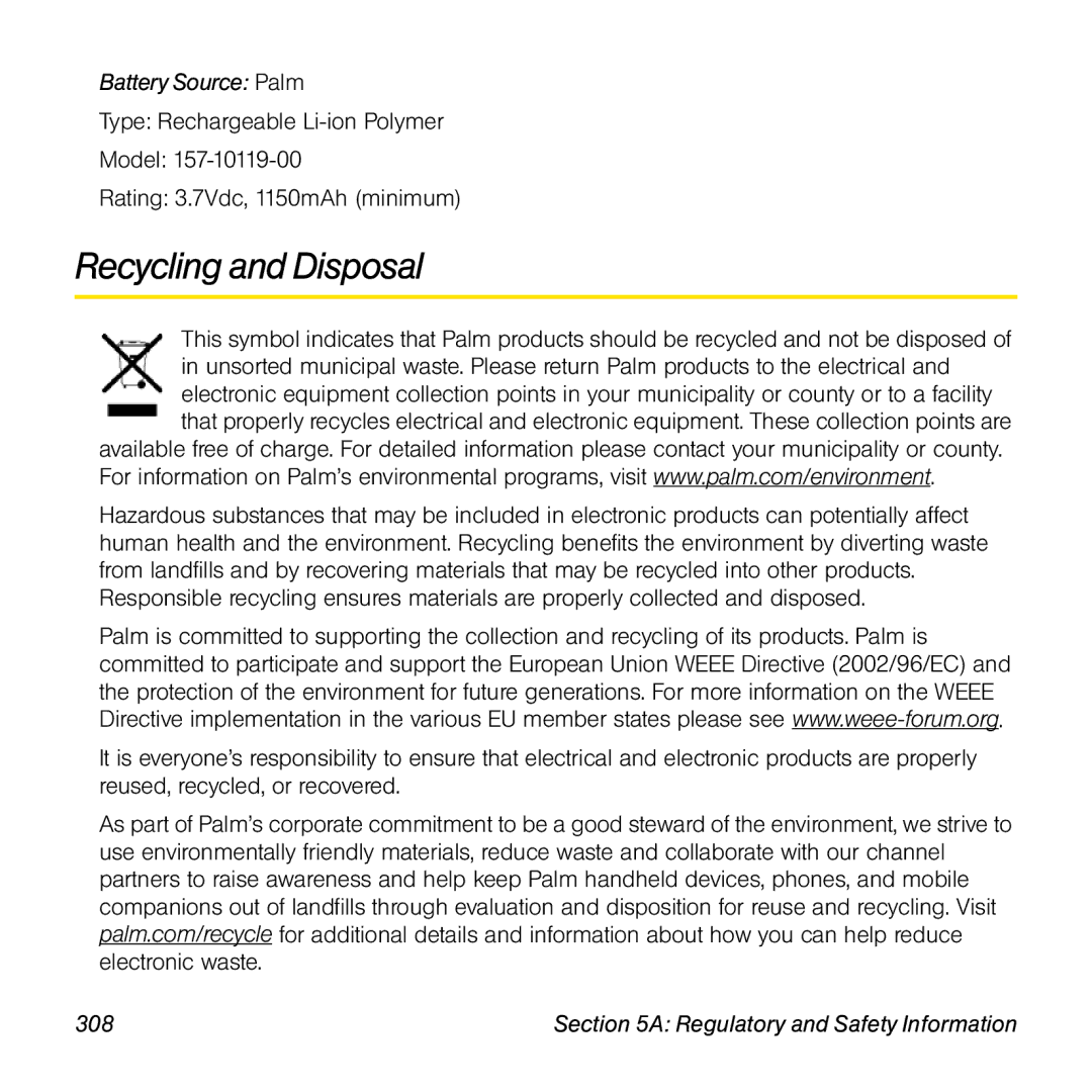 Palm Pre manual Recycling and Disposal, Battery Source Palm, Regulatory and Safety Information 