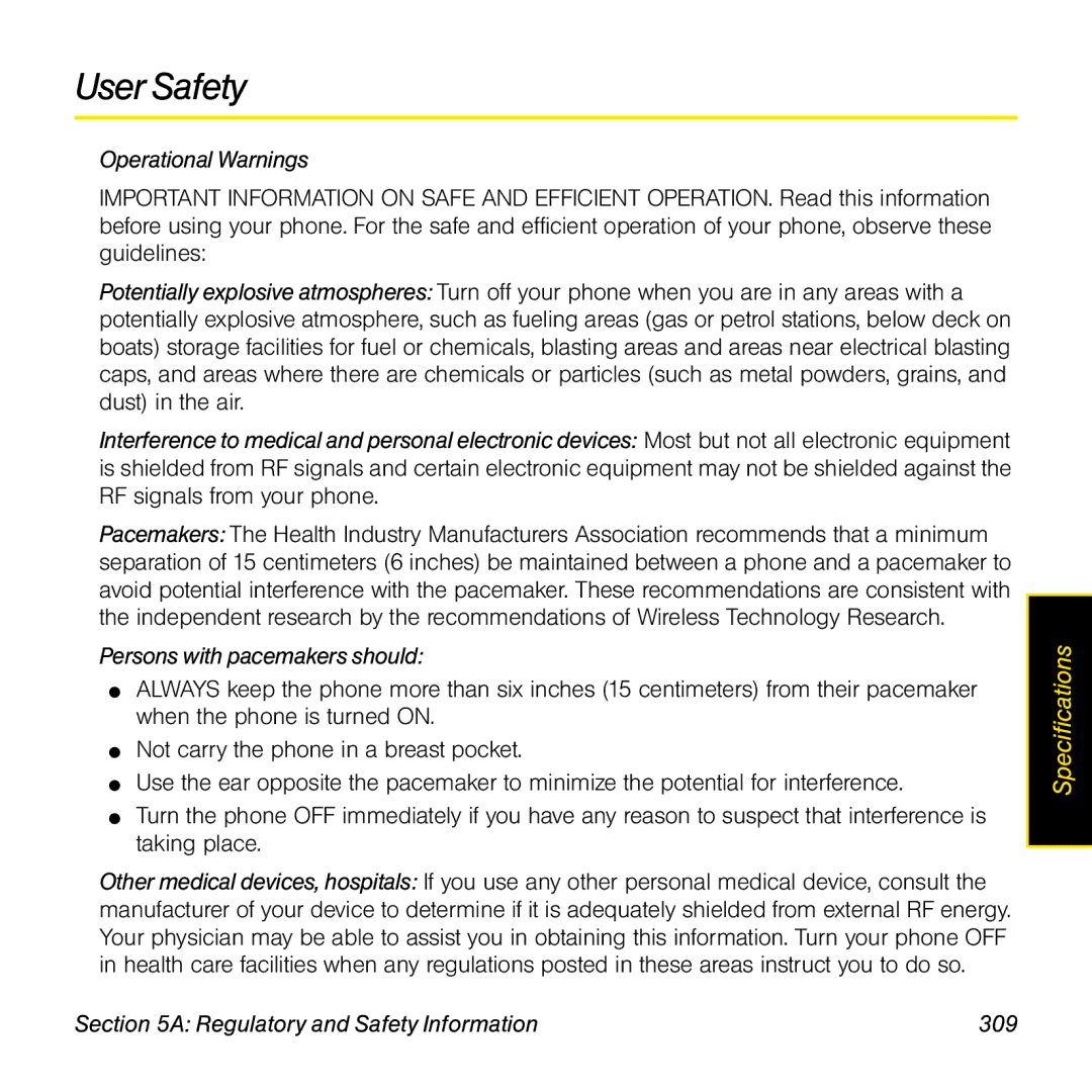 Palm Pre manual User Safety, Operational Warnings, Persons with pacemakers should, Regulatory and Safety Information 309 