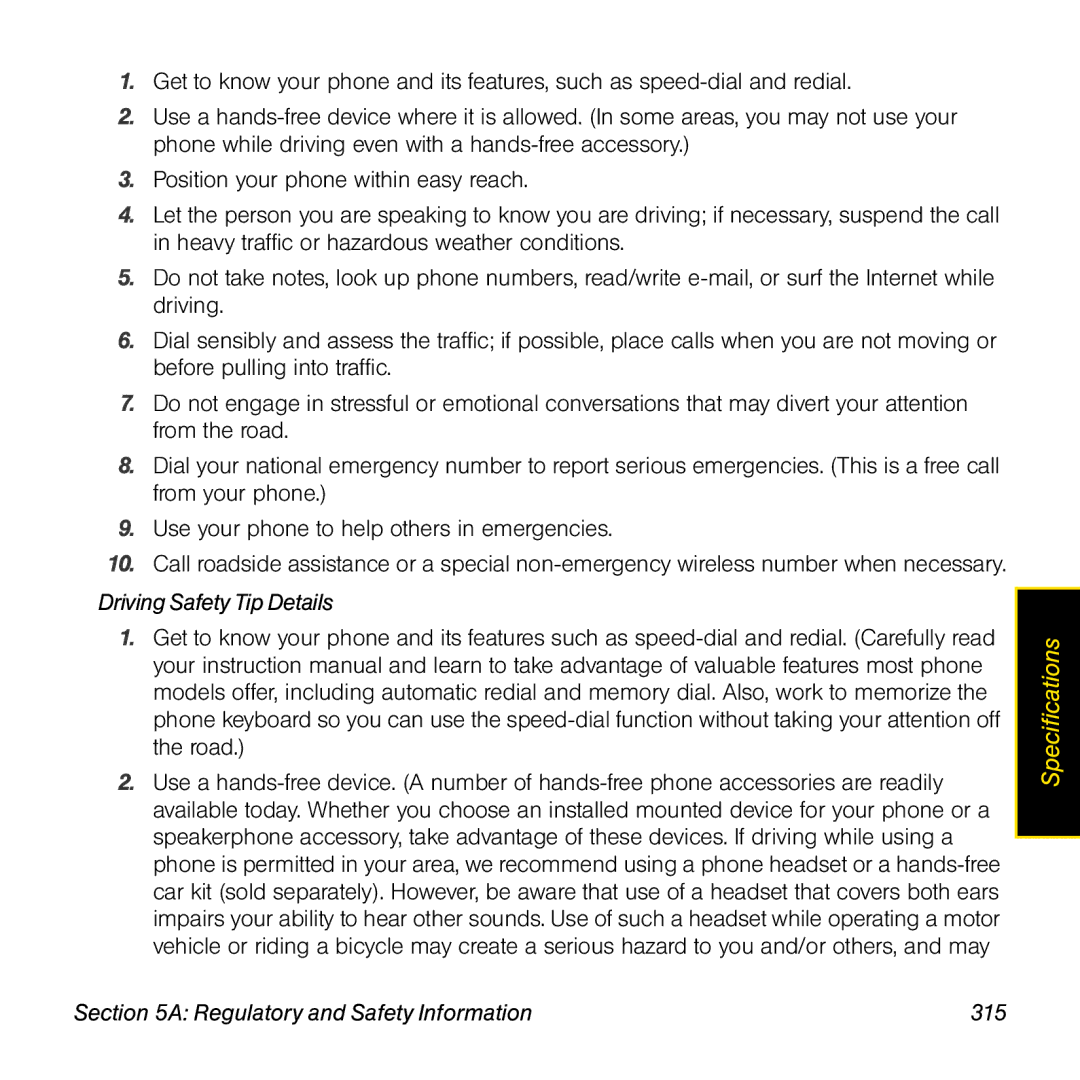 Palm Pre manual Driving Safety Tip Details, Regulatory and Safety Information 315 