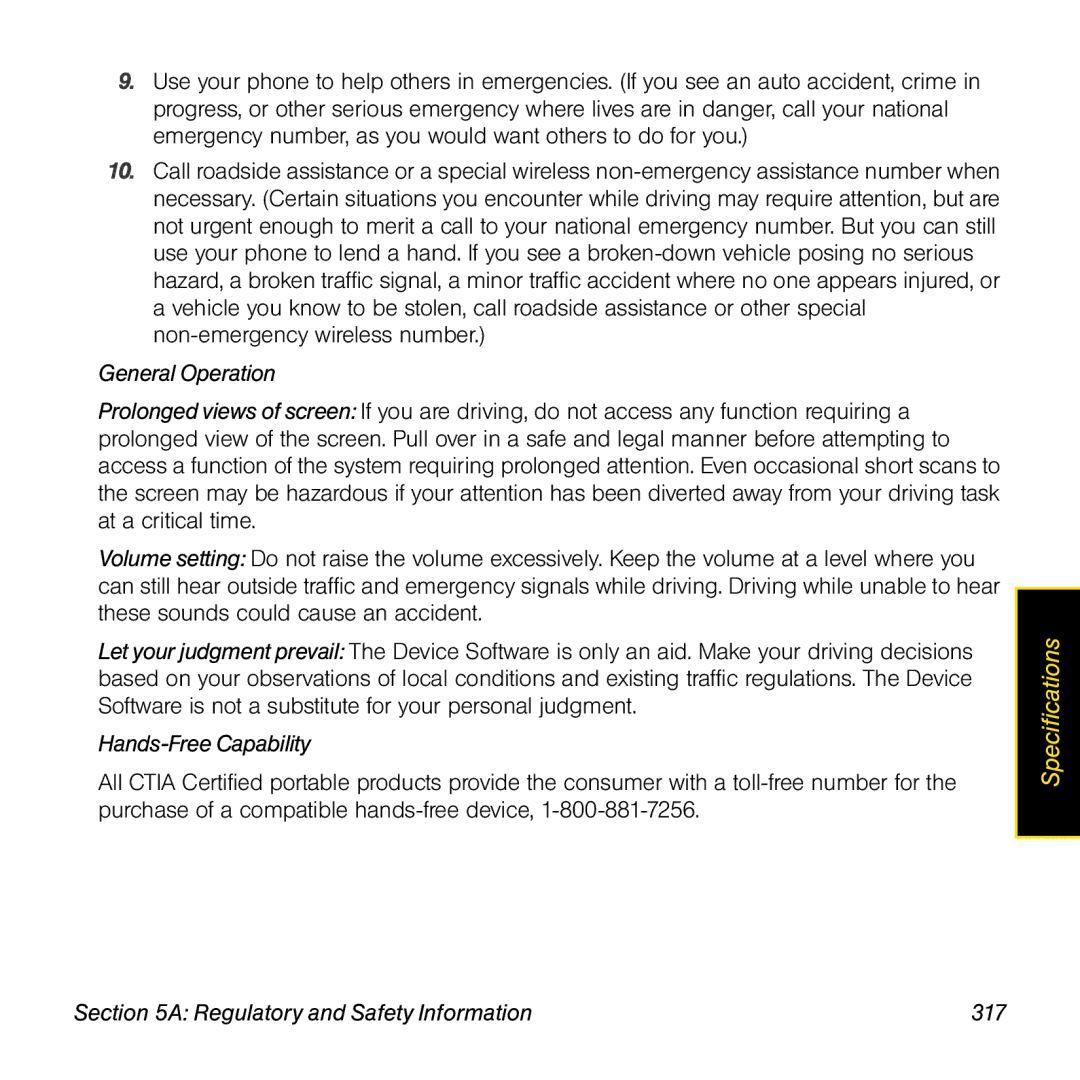 Palm Pre manual General Operation, Hands-Free Capability, Regulatory and Safety Information 317 