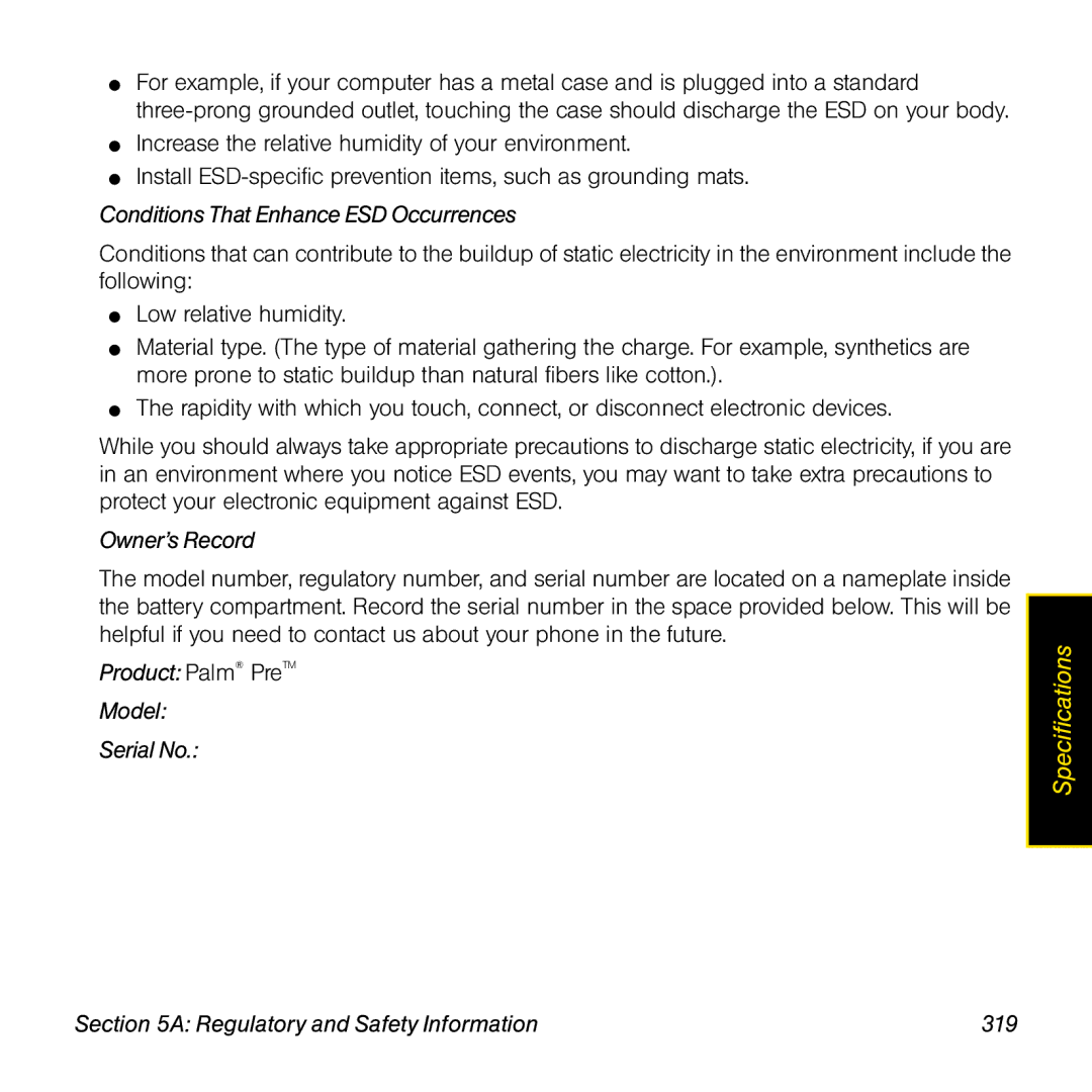 Palm manual Conditions That Enhance ESD Occurrences, Owner’s Record, Product Palm PreTM Model Serial No 