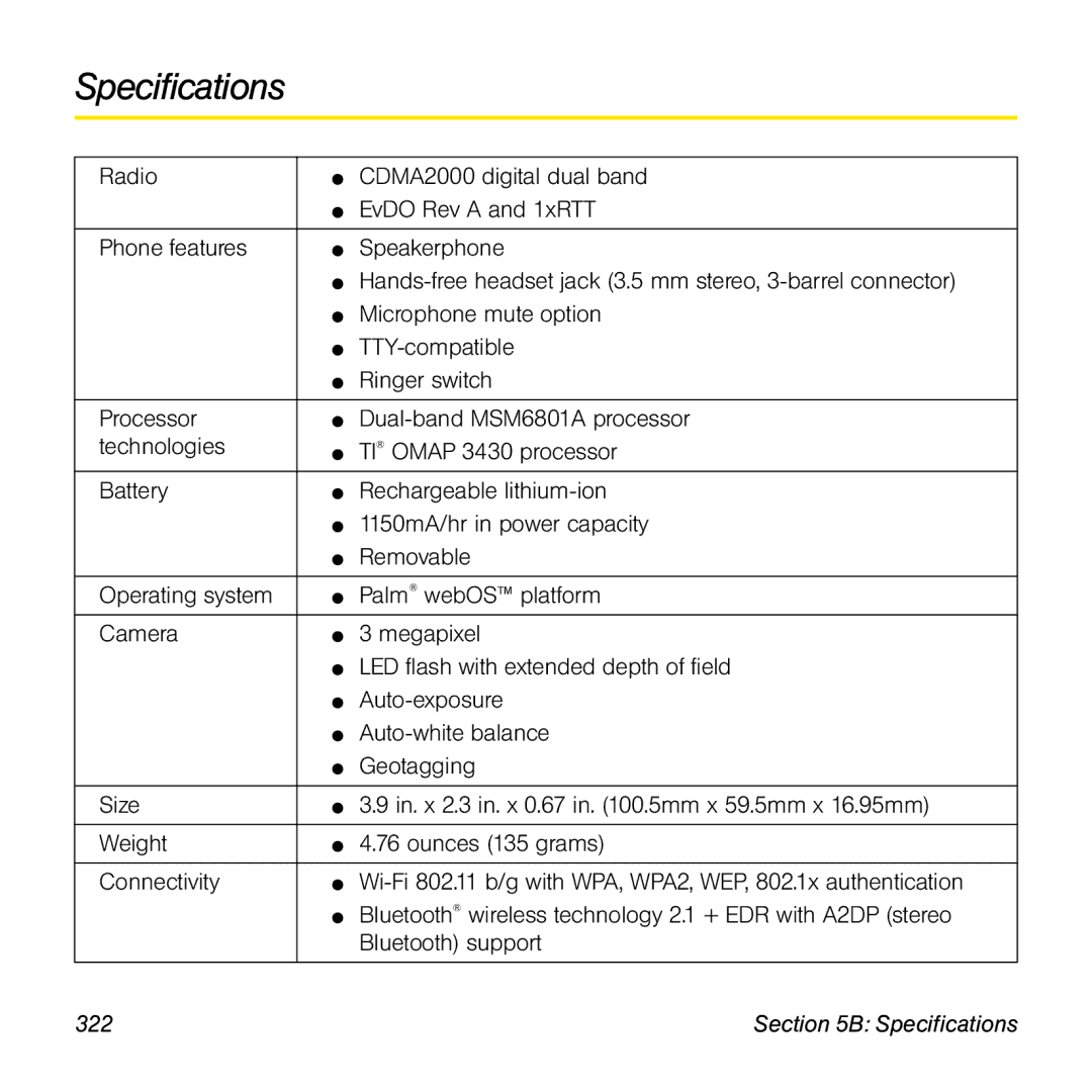 Palm Pre manual Specifications, 322 