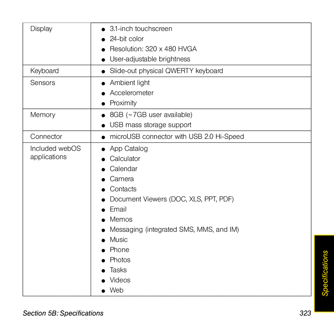 Palm Pre manual Specifications 323 